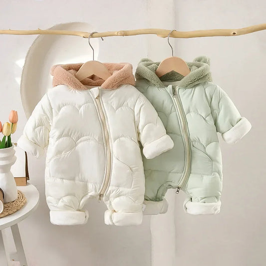 Winter Baby Thickened Jumpsuit Fur Lining Hooded Warm Fleece Quilted Outwear