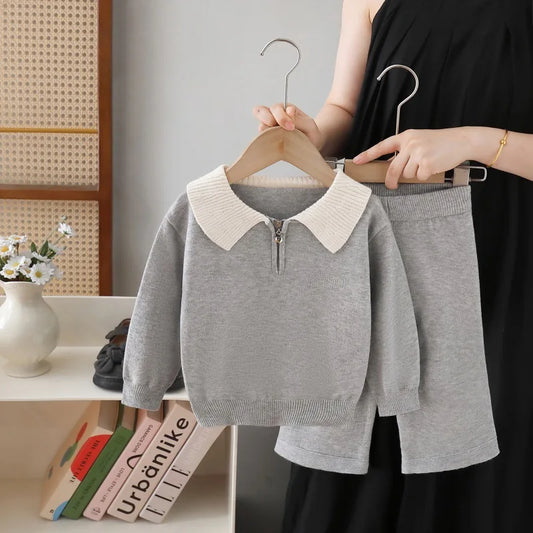 Knitted Polo Shirt And Straight Pants Set