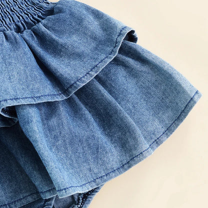 Girl Denim Romper – Sleeveless Ruffle Hem Jumpsuit