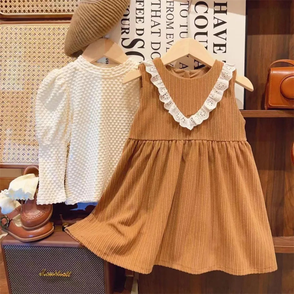 Bubble Sleeve White Bottom Shirt & Lace Tank Top Dress Two Piece Set