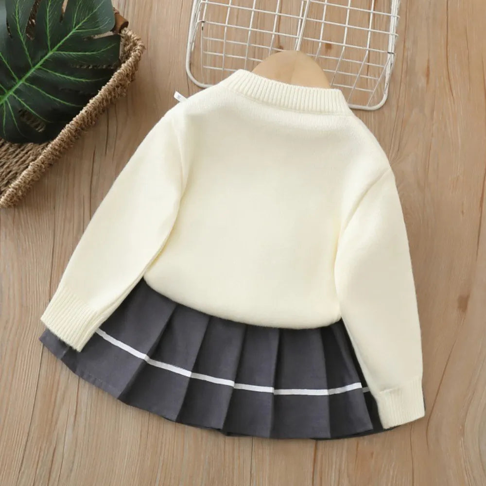 Sweet and Cute Flower Knitted Cardigan & Pleated Skirt Two-Piece Set
