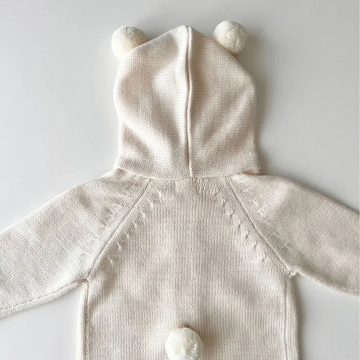 Knitted Solid Color Hooded Baby Romper