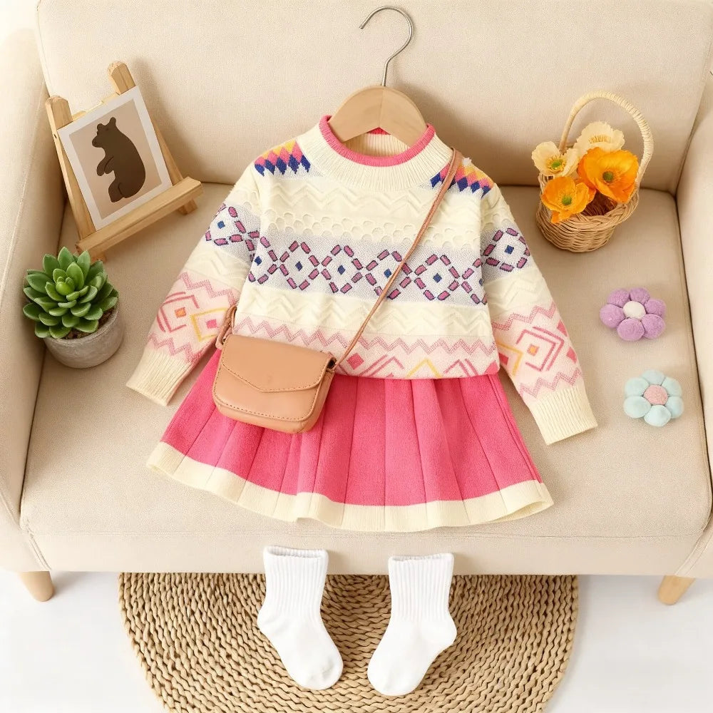 Jacquard Knitted Grid Wave Sweater And Rose Red Pleated Skirt Set