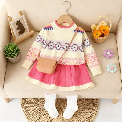 Jacquard Knitted Grid Wave Sweater And Rose Red Pleated Skirt Set