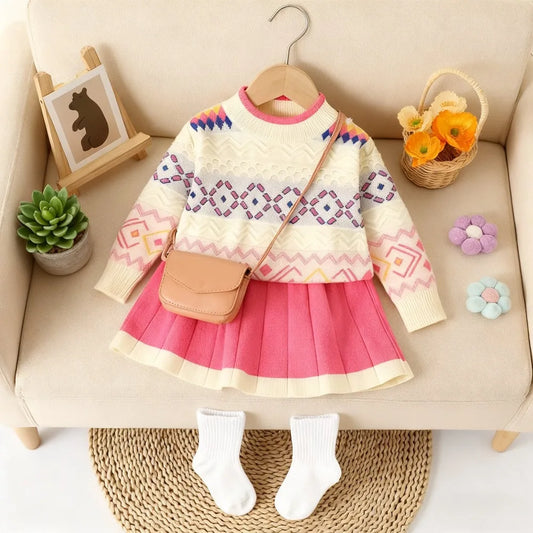 Jacquard Knitted Grid Wave Sweater And Rose Red Pleated Skirt Set