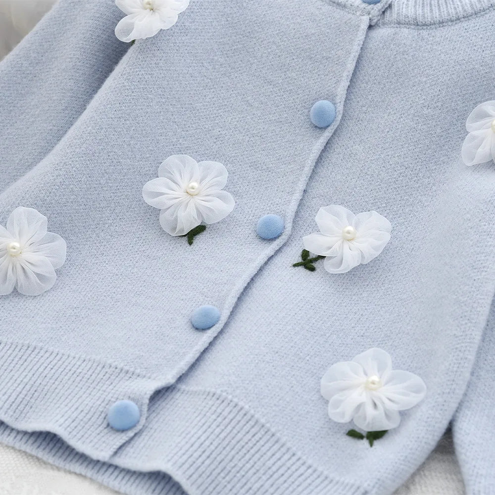 Sweet Blue Flower Knitted Cardigan Top & Beige Skirt Two-piece Set