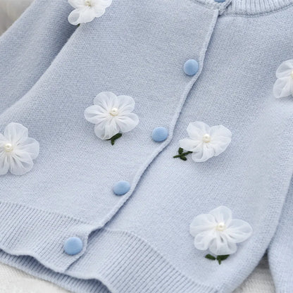 Sweet Blue Flower Knitted Cardigan Top & Beige Skirt Two-piece Set