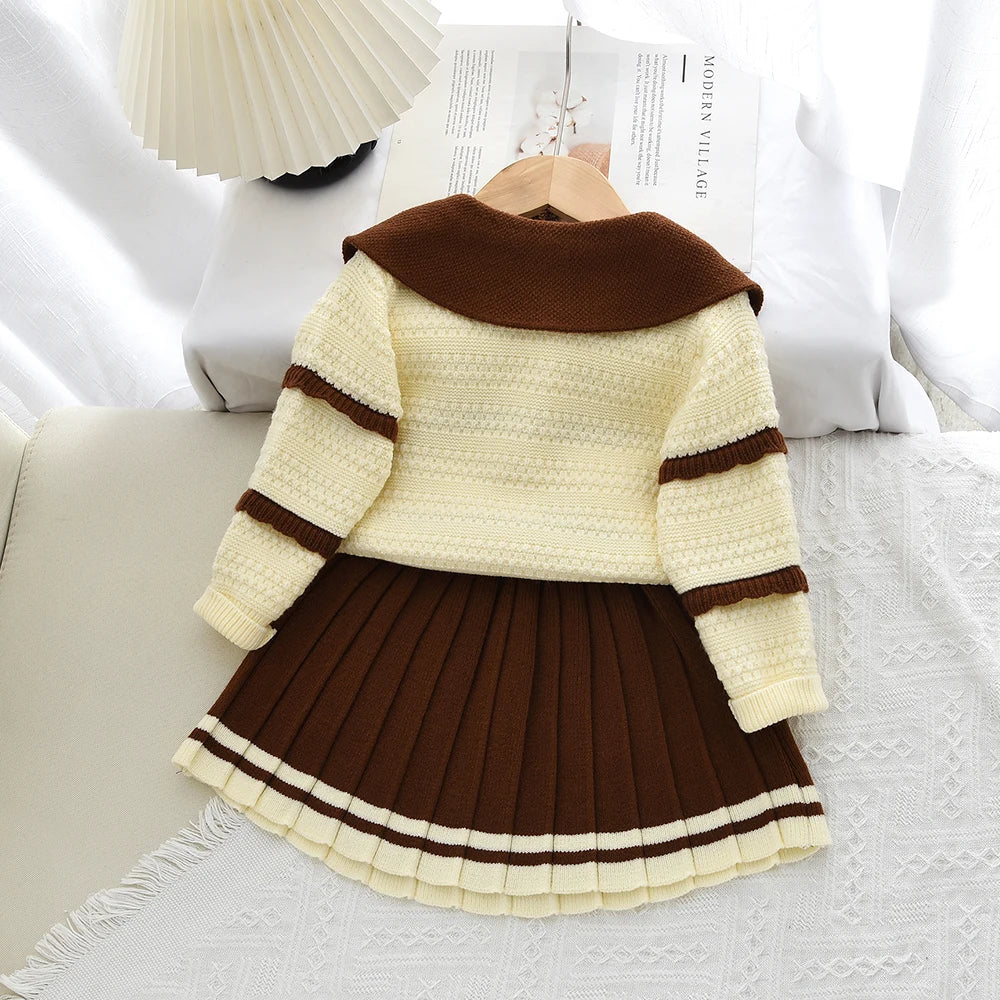 Doll Collar Cardigan & Pleated Skirt Two-piece Set