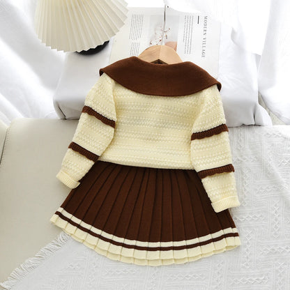 Doll Collar Cardigan & Pleated Skirt Two-piece Set