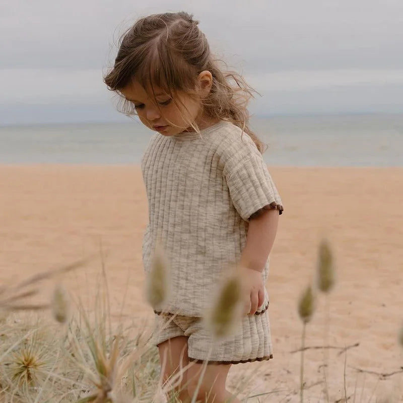 Knitted Short Sleeved Pullover Top & Shorts Set