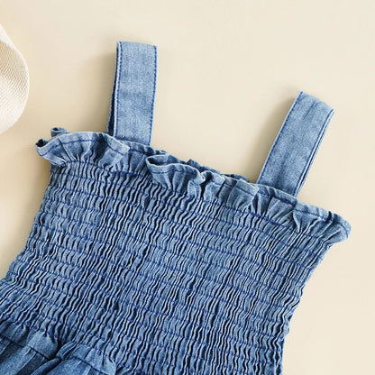 Girl Denim Romper – Sleeveless Ruffle Hem Jumpsuit