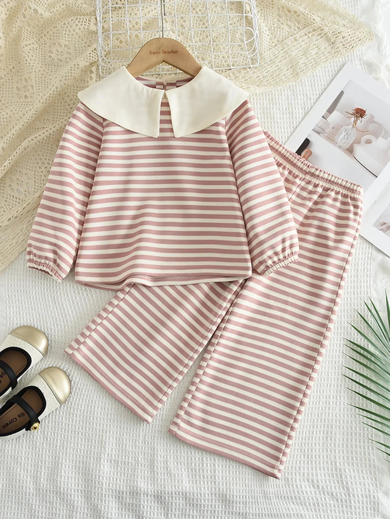 Stripe Collar Long Sleeve Top And Pants Set
