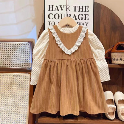 Bubble Sleeve White Bottom Shirt & Lace Tank Top Dress Two Piece Set