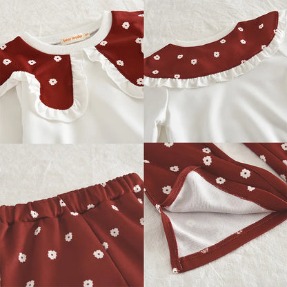 Collar T-shirt Top & Flower Pants Two-Piece Set