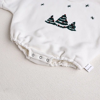 Christmas Fur Lining Bodysuit Christmas Tree Embroidery With Hat