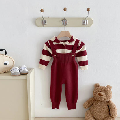 Hooded Knit Cardigan And Solid Overalls Set