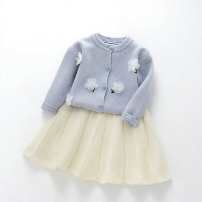 Sweet Blue Flower Knitted Cardigan Top & Beige Skirt Two-piece Set