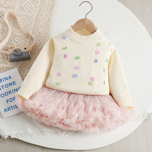 New Cute Colorful Sequins Knitwear & Tutu Skirt Set