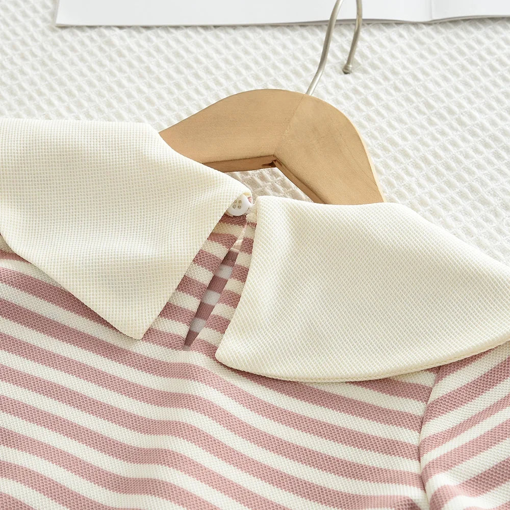 Stripe Collar Long Sleeve Top And Pants Set