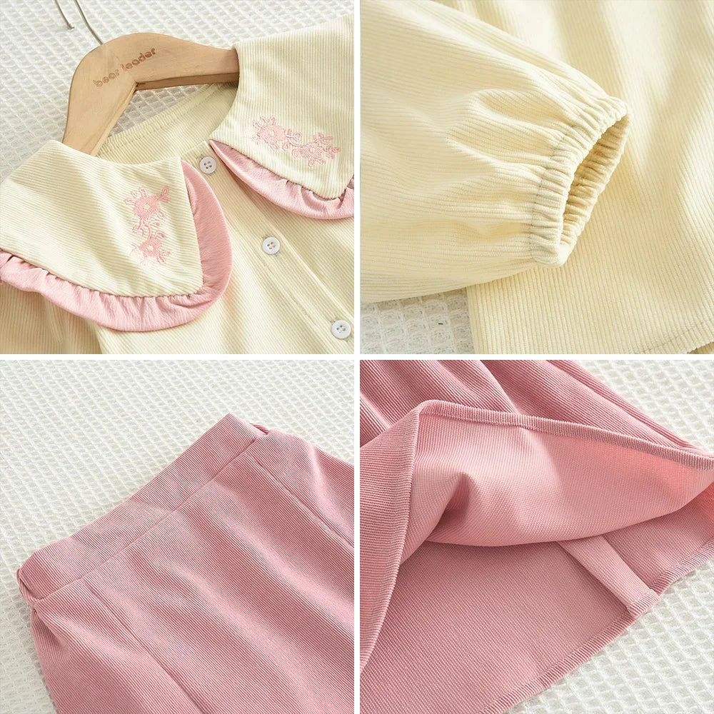 Sweet Lapel Embroidered Top & Bow Skirt Two-piece Set