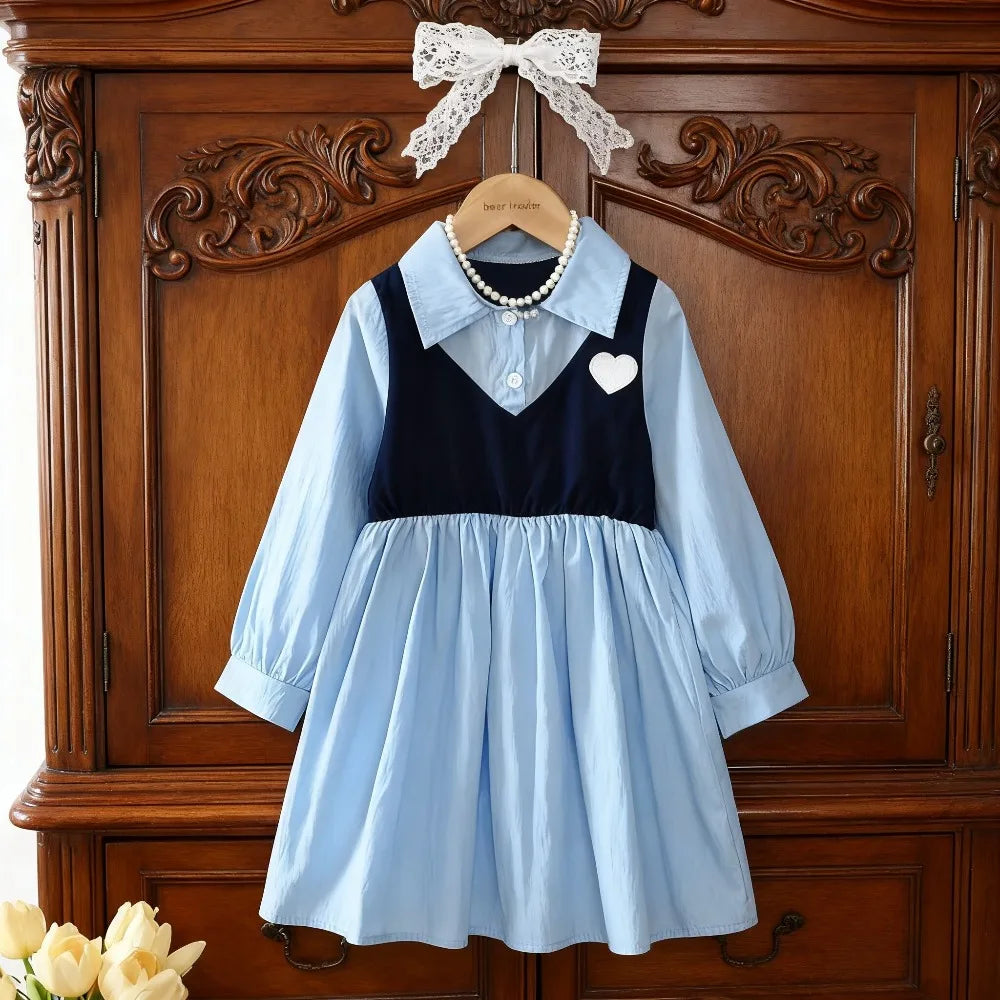Girls Long Sleeve Lapel Shirt Dress