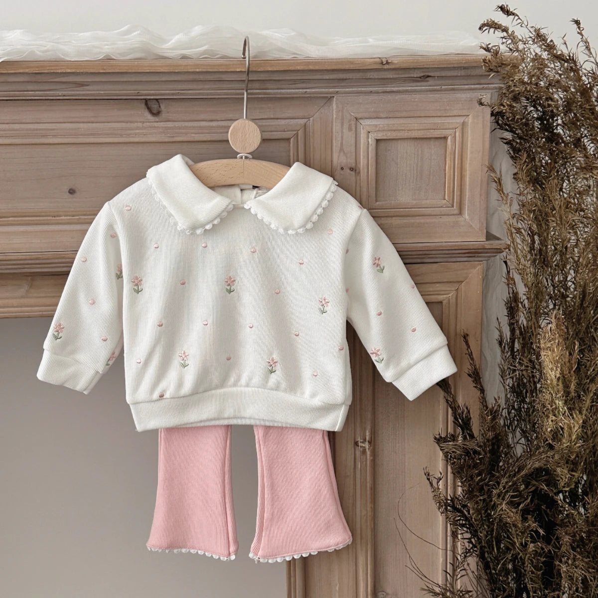 New Girls Floral Embroidered Top & Bottom Baby Set