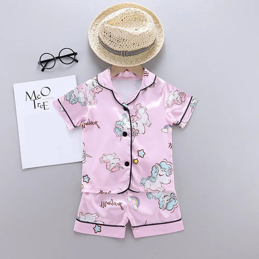 Pink Satin Unicorn Girls Pyjamas Set