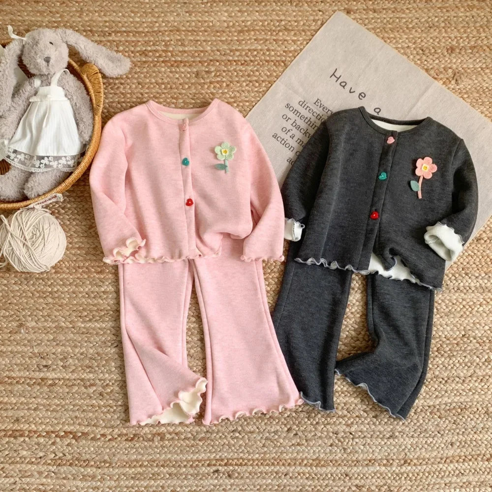 Plush Girls' Long Sleeved Top & Ruffle Pants Two Piece Set