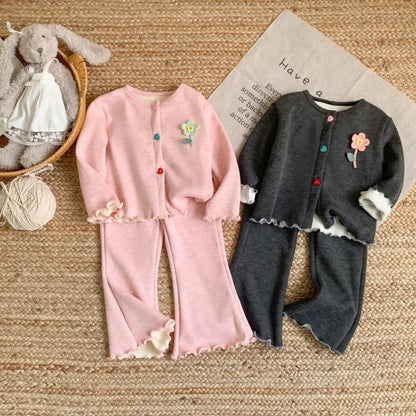 Plush Girls' Long Sleeved Top & Ruffle Pants Two Piece Set