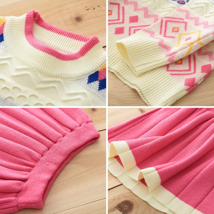 Jacquard Knitted Grid Wave Sweater And Rose Red Pleated Skirt Set