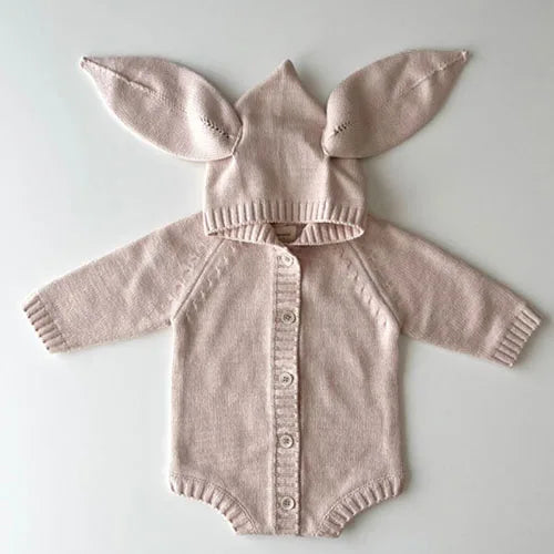 Knitted Solid Color Hooded Baby Romper