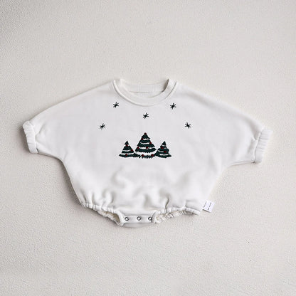 Christmas Fur Lining Bodysuit Christmas Tree Embroidery With Hat