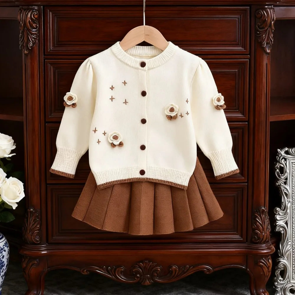 Flower Knitted Cardigan Top & Skirt 2Pcs Set