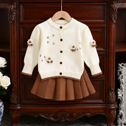 Flower Knitted Cardigan Top & Skirt 2Pcs Set
