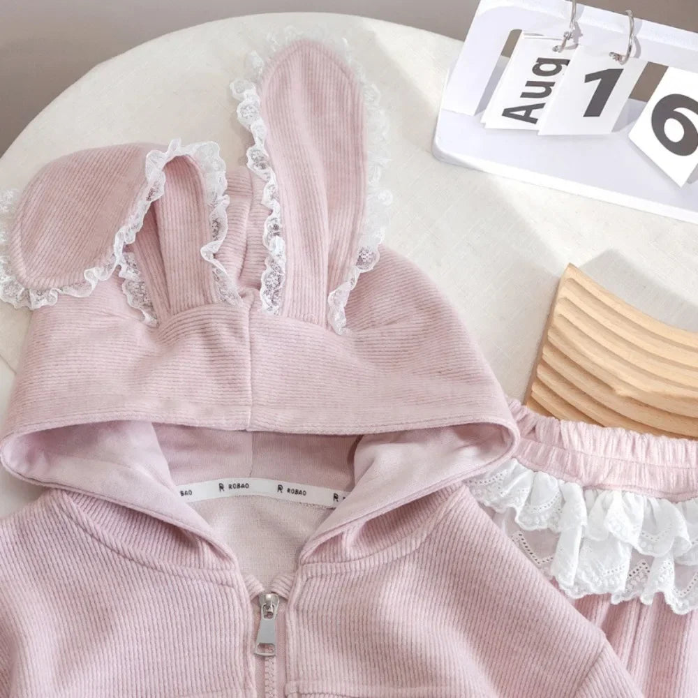 Cute Lace Patchwork Hoodie & Pants Two-piece Set