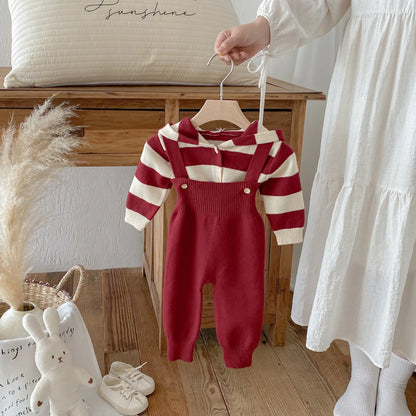 Hooded Knit Cardigan And Solid Overalls Set