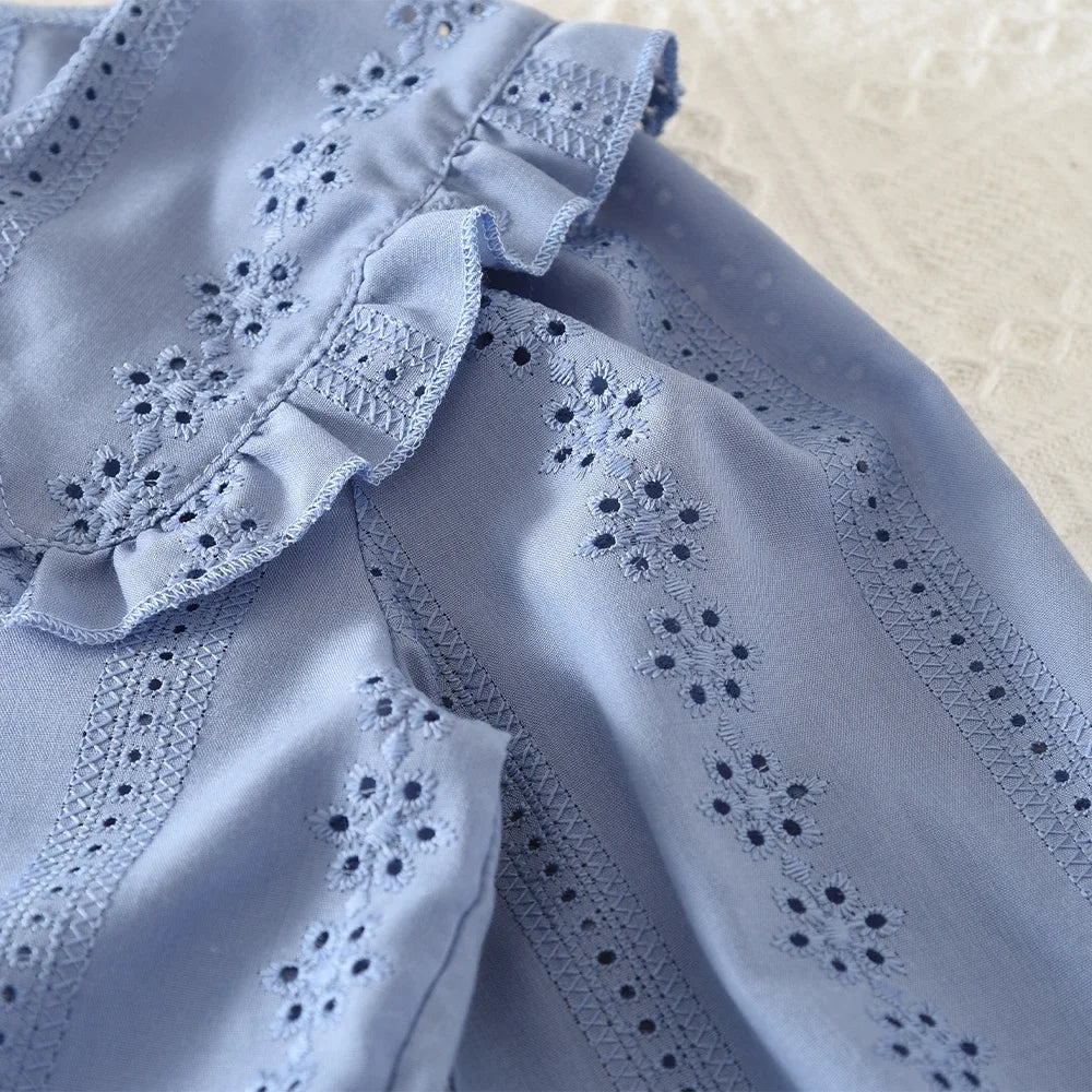 Flower Embroidery Doll Collar Shirt Top & Skirt Set