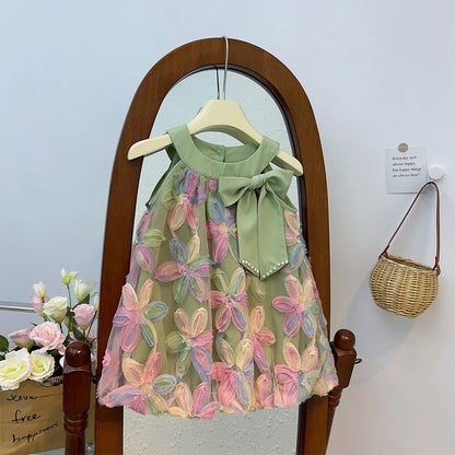 Bow Mesh Flower Sleeveless Dress