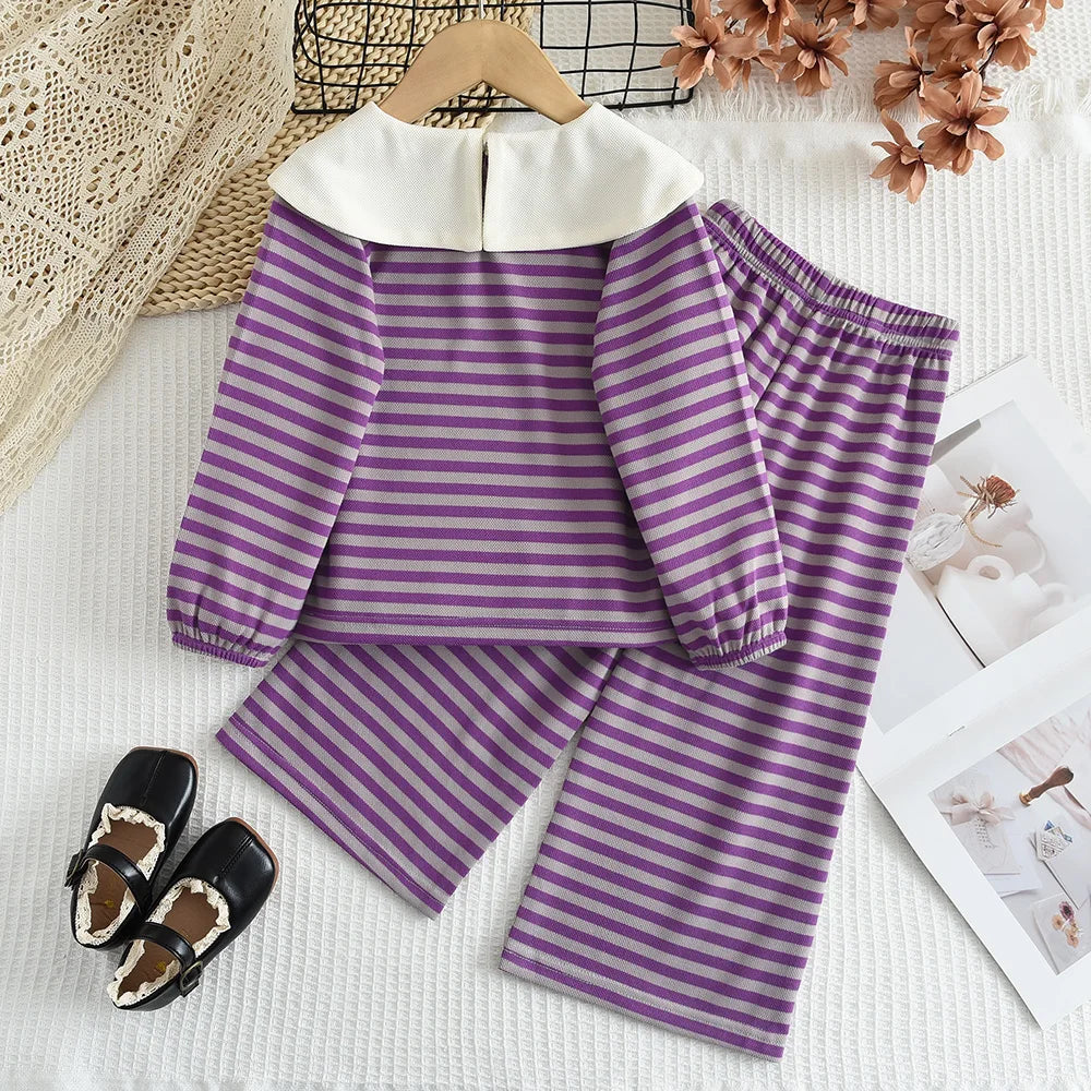 Stripe Collar Long Sleeve Top And Pants Set