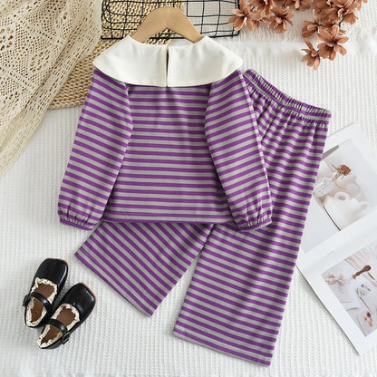 Stripe Collar Long Sleeve Top And Pants Set