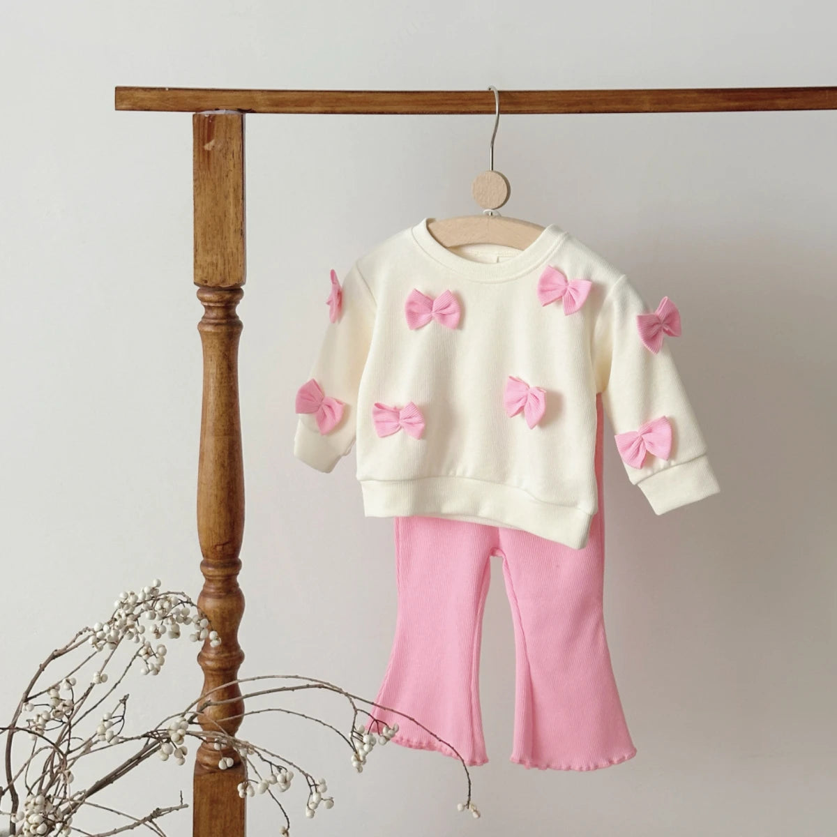 Bowknot Long Sleeved & Pink Flared Trousers Set