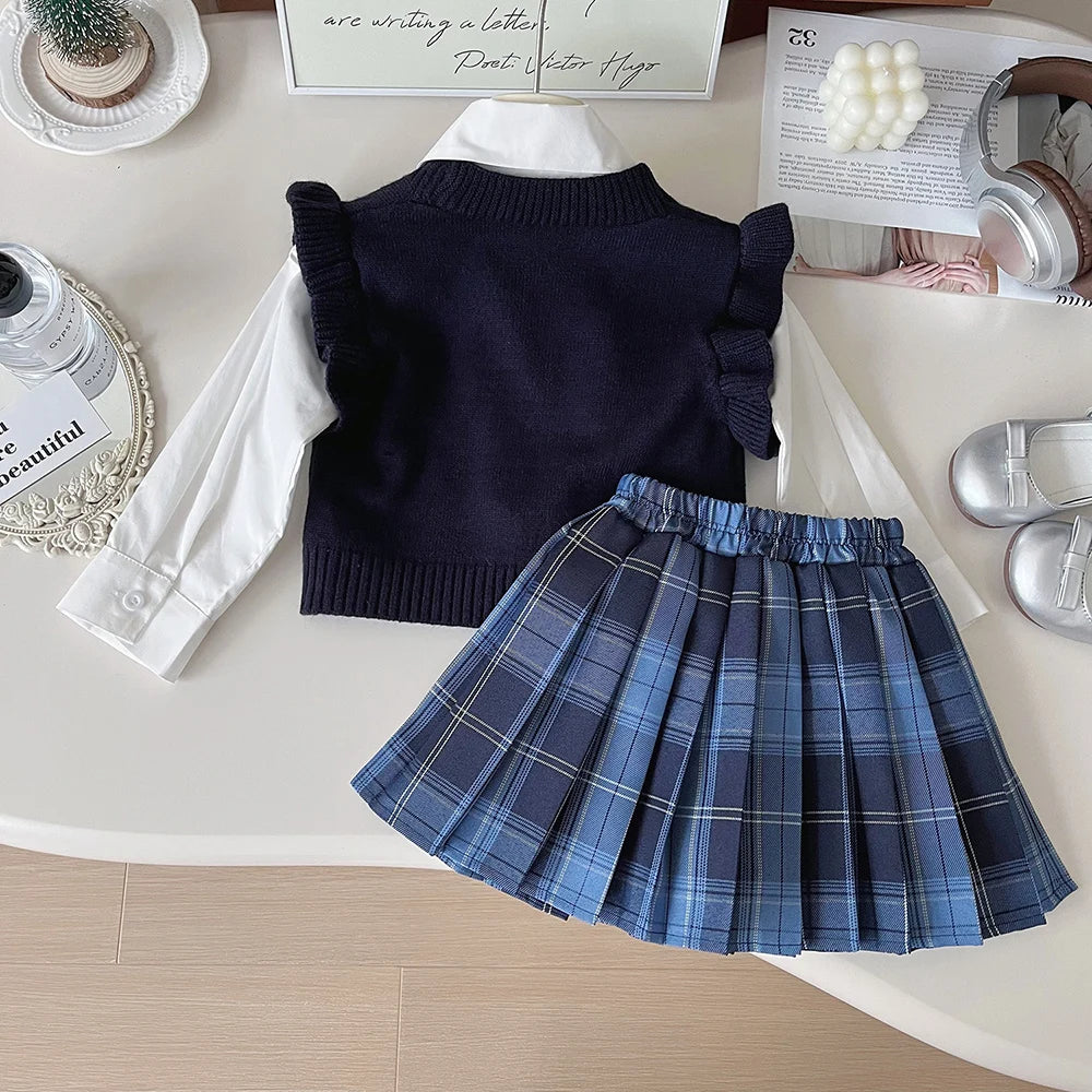 Knitted Vest With Turn-Down Collar & Plaid Skirt - 3pc Set Outfit