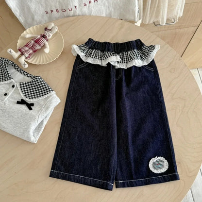 Collared Checkered Bow Top & Lace Wide Leg Pants Set