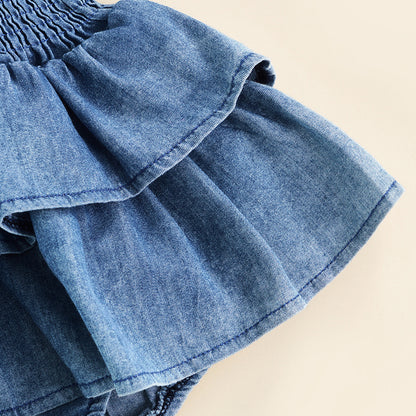 Girl Denim Romper – Sleeveless Ruffle Hem Jumpsuit