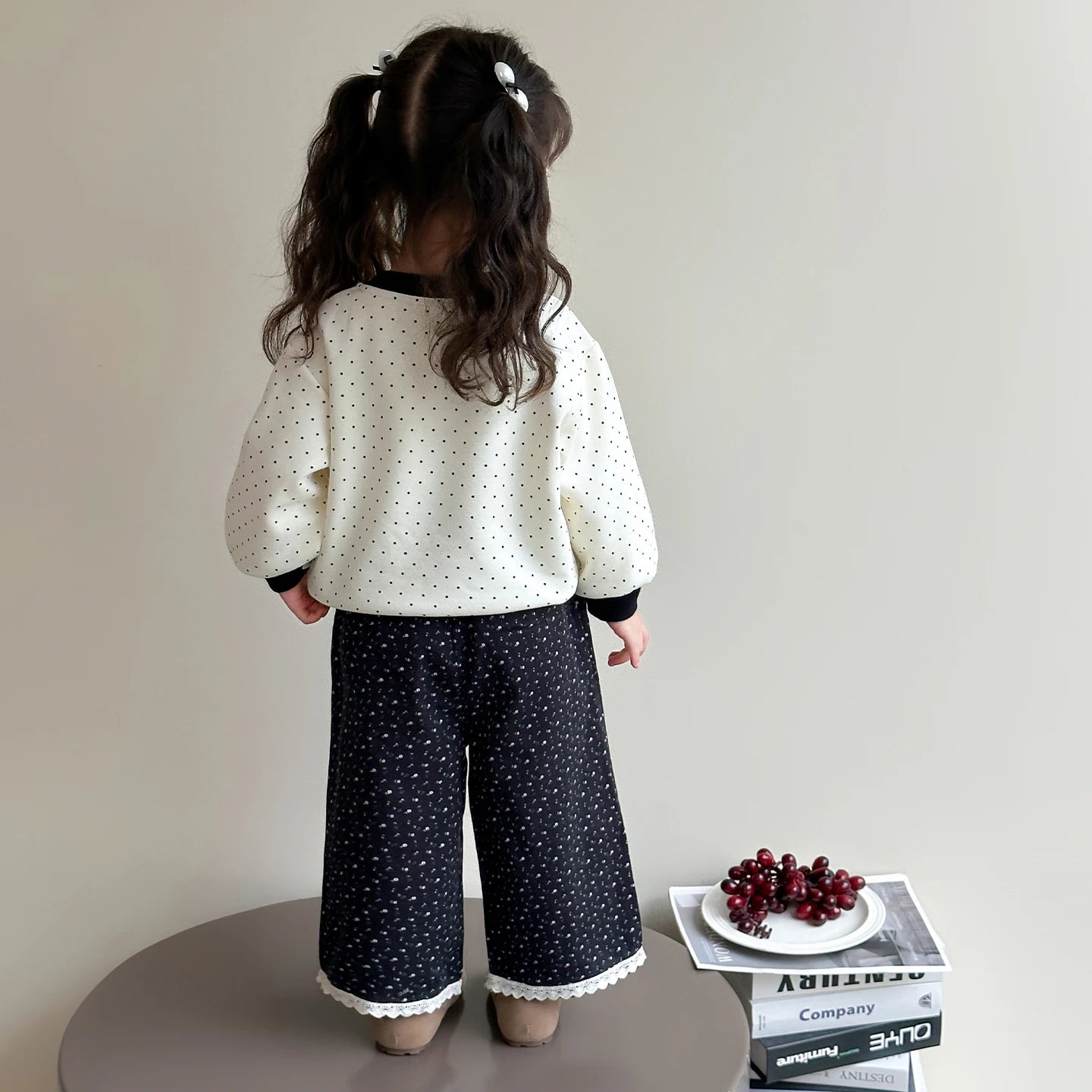 Polka Dot Sweatshirt and Lace Wide Leg Pants 2Pcs Set