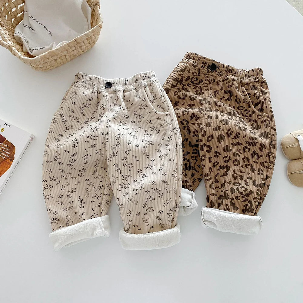 Warm Fleece-Lined Kids Pants - Floral & Leopard Print
