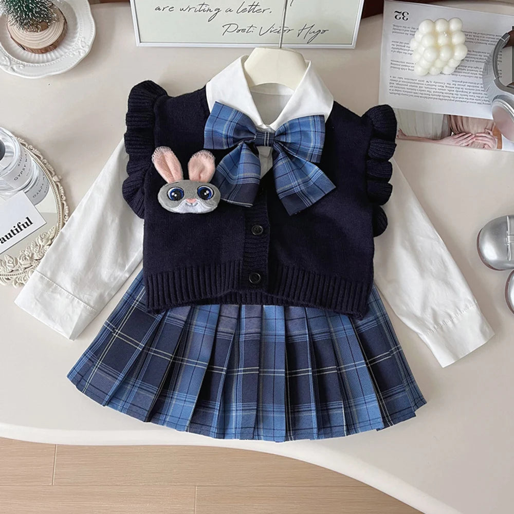 Knitted Vest With Turn-Down Collar & Plaid Skirt - 3pc Set Outfit