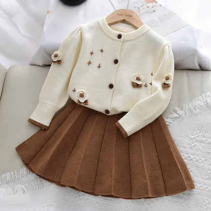 Flower Knitted Cardigan Top & Skirt 2Pcs Set