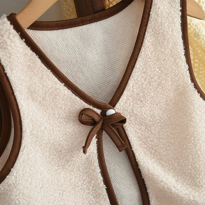 Coffee Long Sleeved Dress & Beige Teddy Velvet Vest Set