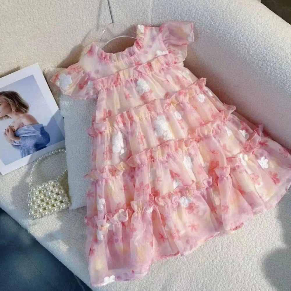 Pink Lace Floral Puff Cake Princess Dress